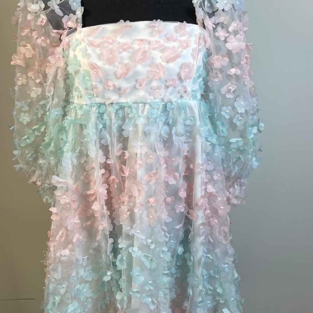 Storia baby doll dress, 3D floral appliqués in pastel pink, blue, M lined NWT